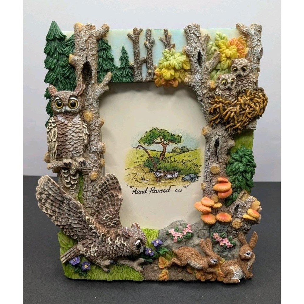 Resin Woodland Owl & Rabbit Picture Frame Forest Wildlife Nature Decor - Picture 2 of 10